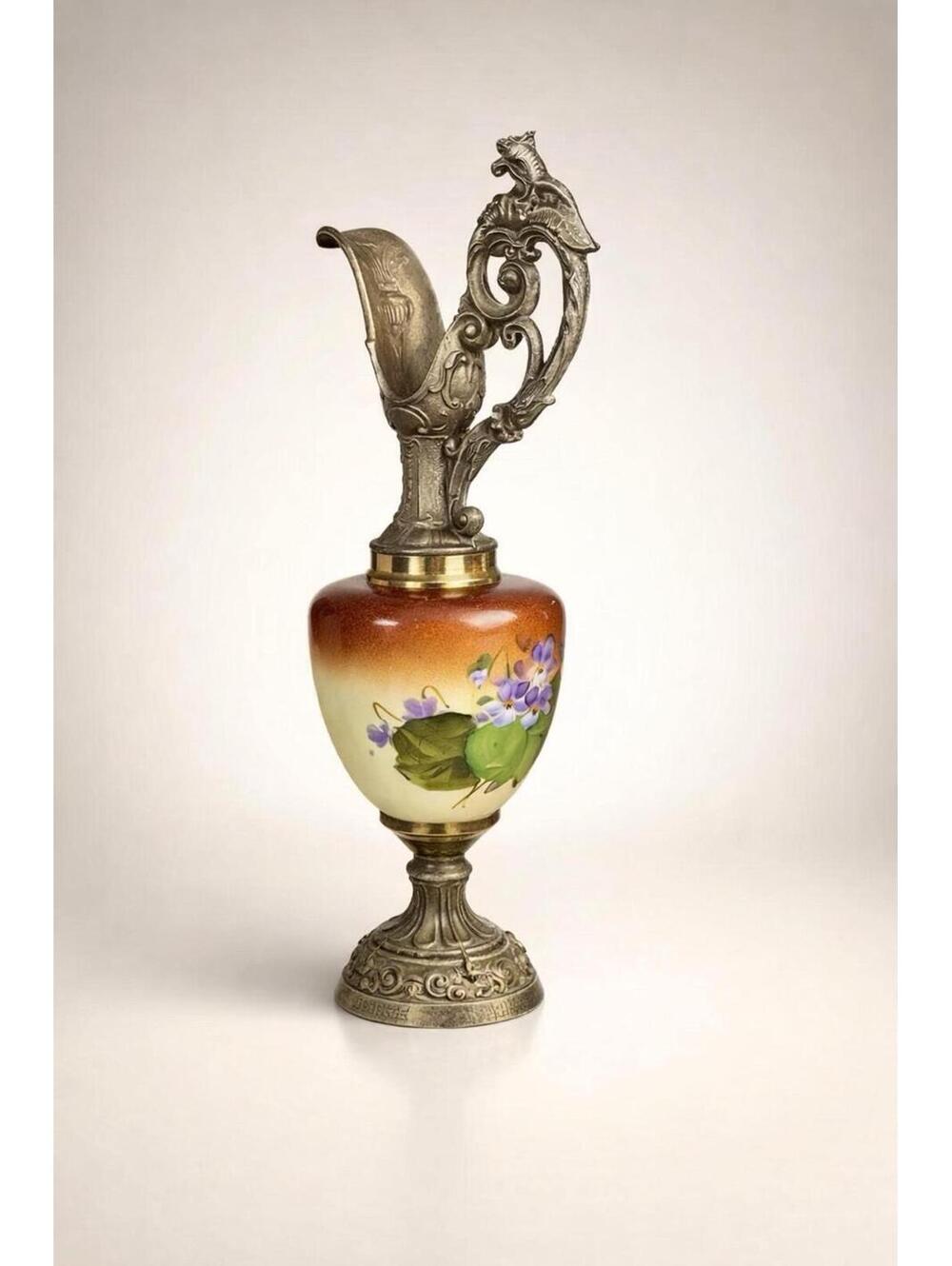Vintage Hand-Painted Floral Metal-Top Urn Vase